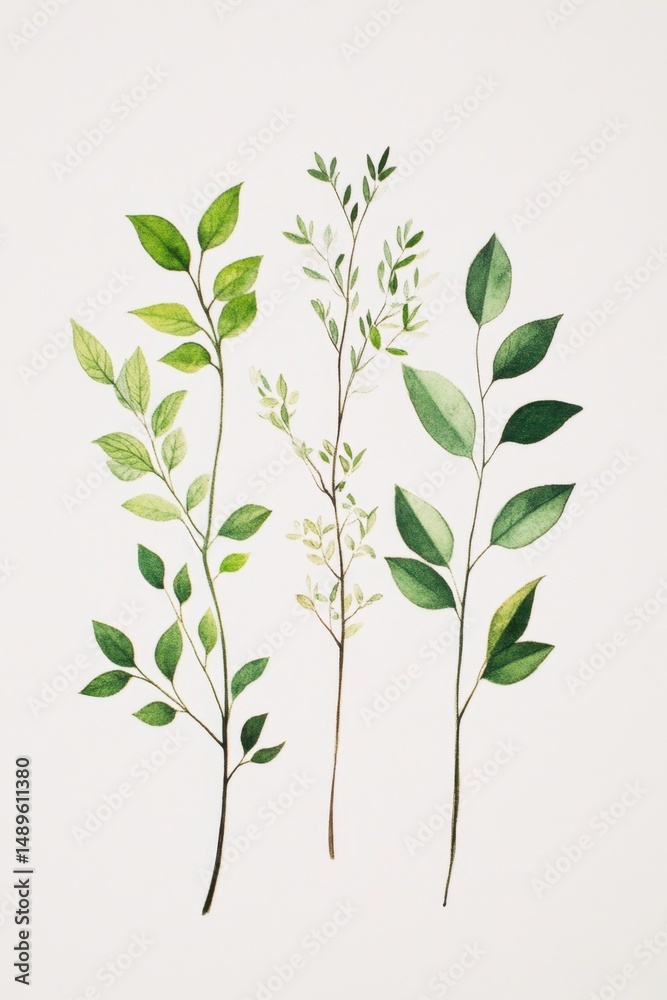 Obraz premium Elegant Green Leaves Illustrations on a Simple Neutral Background