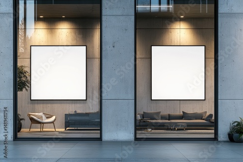 Modern storefront with blank advertising displays.  Interior views of seating areas visible through large windows