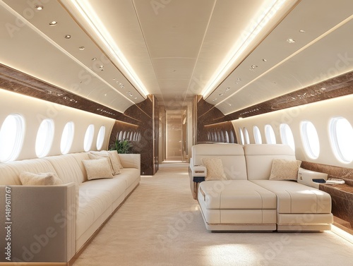 Luxurious private jet cabin with luxurious cream colored seating