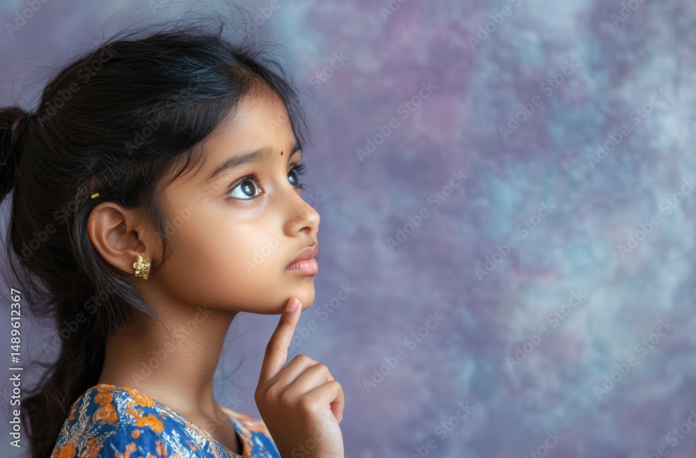 Obraz premium Portrait of an intelligent Indian girl, finger resting on lips in a pensive gesture, eyes glancing sideways