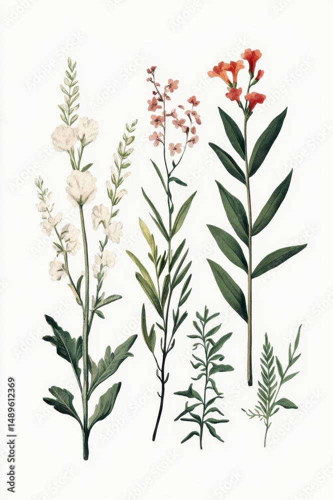 Fototapeta premium Botanical Illustration of Various Flowers and Greenery on White Background