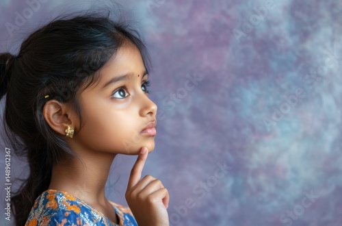 Portrait of an intelligent Indian girl, finger resting on lips in a pensive gesture, eyes glancing sideways