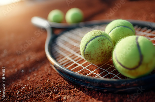Tennis Balls on Racket Head Lying on Clay Court Close-up