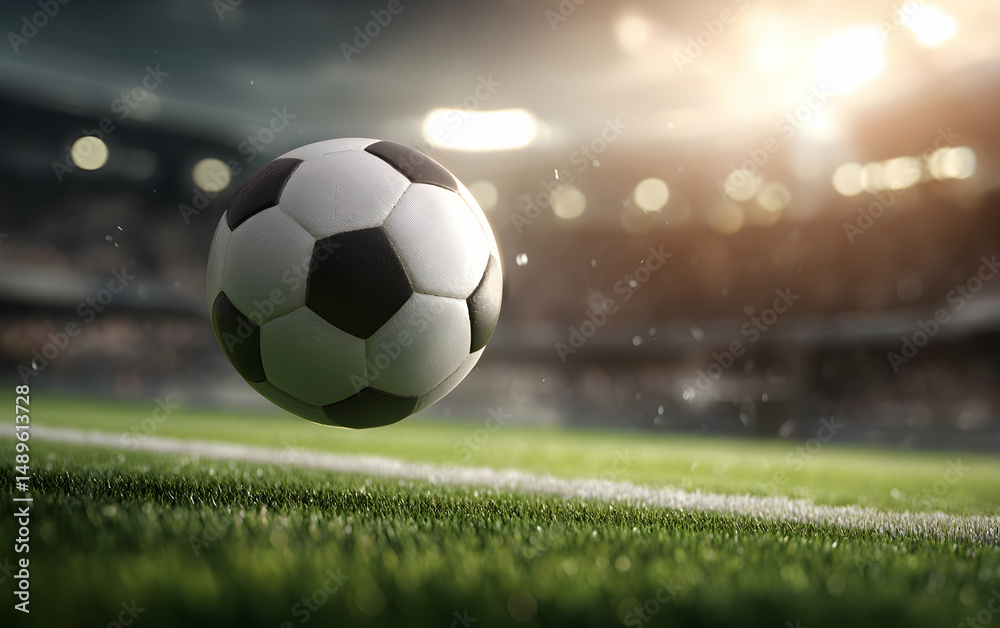 Fototapeta premium Soccer Ball Action Above Green Grass Field in Stadium