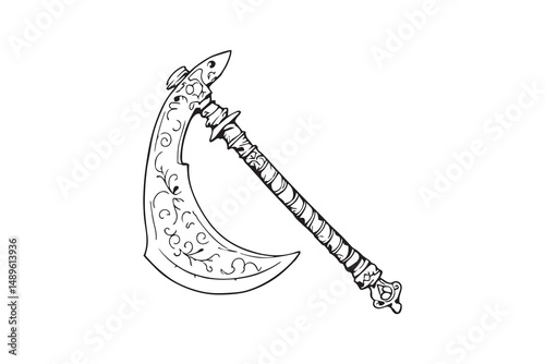 Ornate Medieval Axe with Intricate Metalwork line art and black color