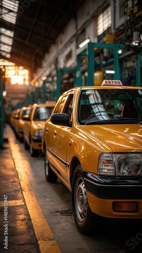 Industrial yellow taxi cabs lined up in manufacturing facility with warm sunset light streaming through windows, production line visible with machinery in background, automotive assembly plant