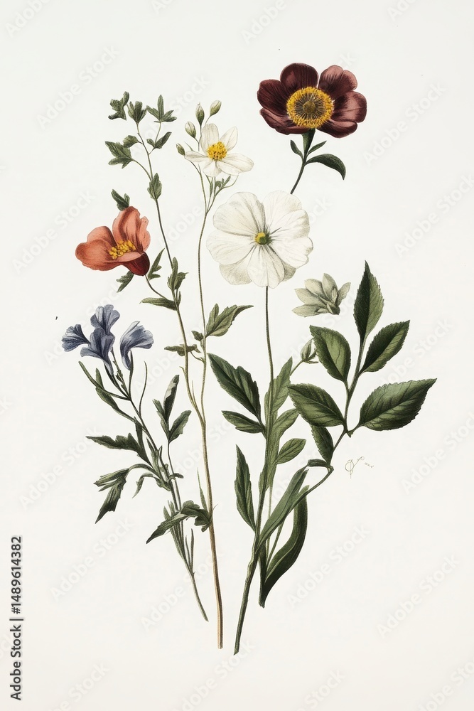 Obraz premium Botanical Illustration of Colorful Wildflowers with Green Leaves