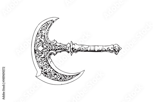 Ornate Medieval Axe with Intricate Metalwork line art and black color