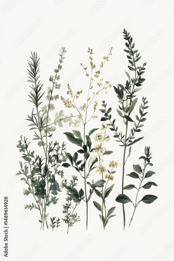 Fototapeta premium Vintage Botanical Illustration of Various Greenery and Foliage