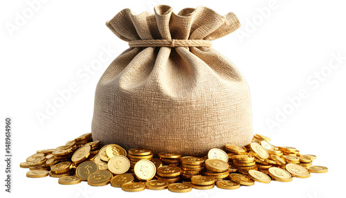 Burlap sack filled with gold coins is surrounded by more coins, symbolizing wealth and prosperity. image conveys sense of abundance and financial success