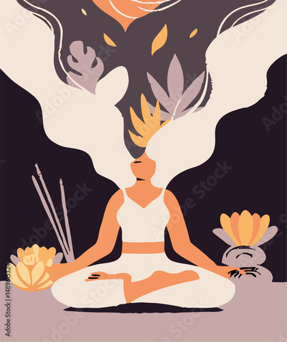 Woman Meditating with Floral Smoke, Yoga, Wellness