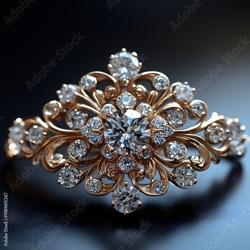 Ornate diamond ring with rose gold filigree