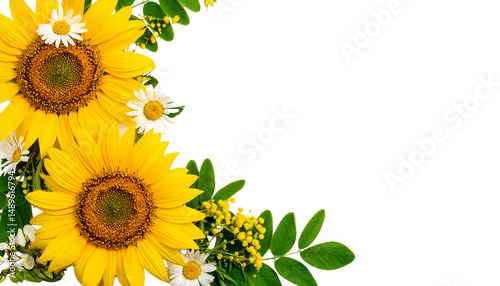Bright sunflowers and daisies with green leaves create vibrant floral corner on transparency background, perfect for cheerful and lively design