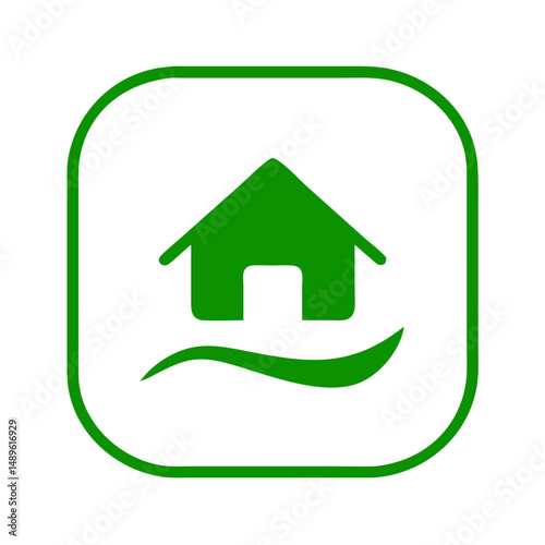 Green house icon with wave inside square outline