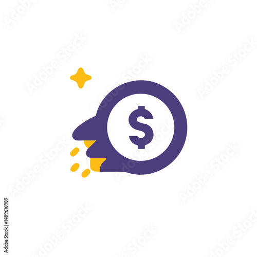 Purple hand holding coin with dollar sign in vector business icon