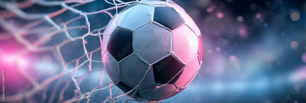 Fototapeta premium Soccer Ball Hits Net with Dramatic Lighting Effect