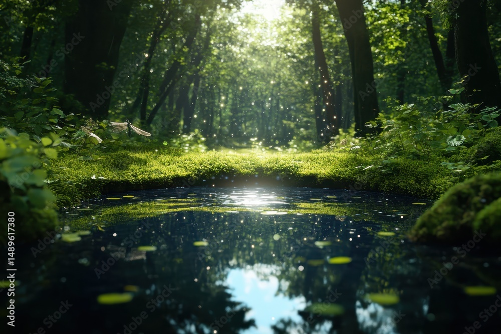 Obraz premium Serene reflection of nature at a tranquil forest stream mossy landscape morning light peaceful atmosphere