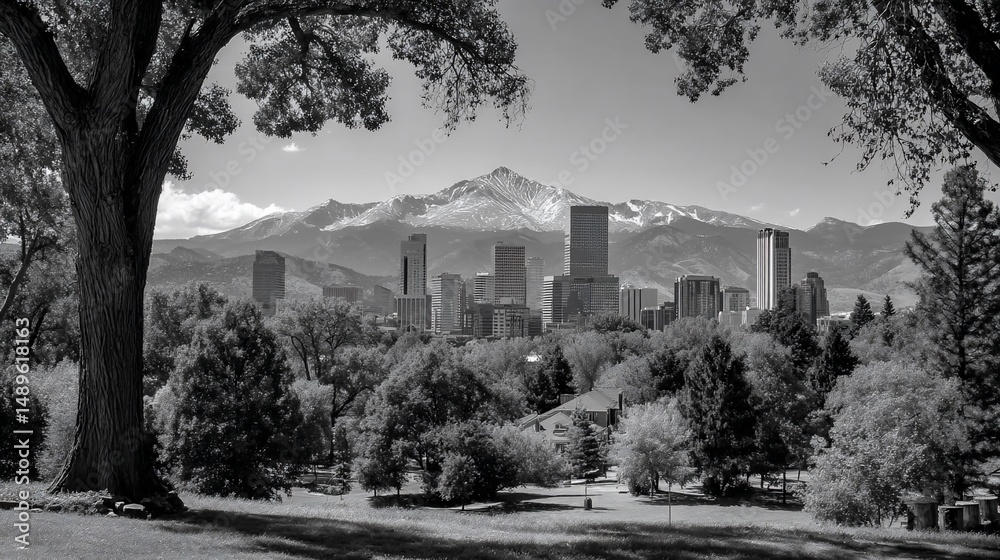 Fototapeta premium Cityscape framed by trees mountains backdrop