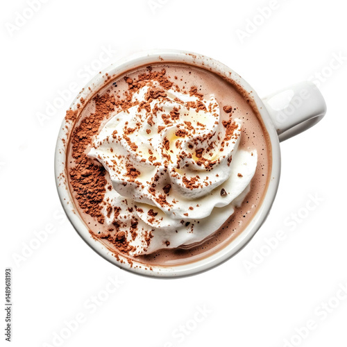 Aerial view of delicious hot chocolate topped with whipped cream and sprinkled with cocoa powder, creating an inviting and indulgent treat [Transparent Background PNG].