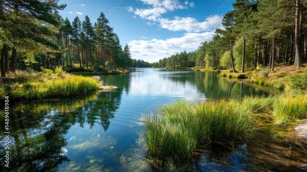 Obraz premium Scenic view of lake in pine forest around beautiful landscape concept. A tranquil lake surrounded by lush green trees and vibrant reflections.