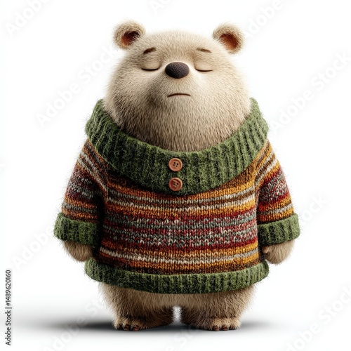 Fluffy bear illustration in a cozy knitted sweater, eyes closed for storybook style with chubby cheeks.