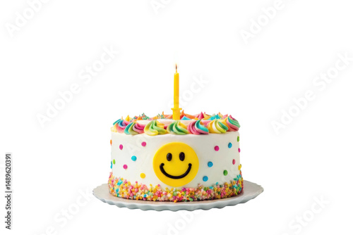 PNG Single candle smiley face birthday cake with colorful icing and sprinkles