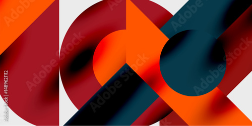 Abstract geometric shapes overlap, creating vibrant color contrasts against dark background. Composition feels dynamic, modern.