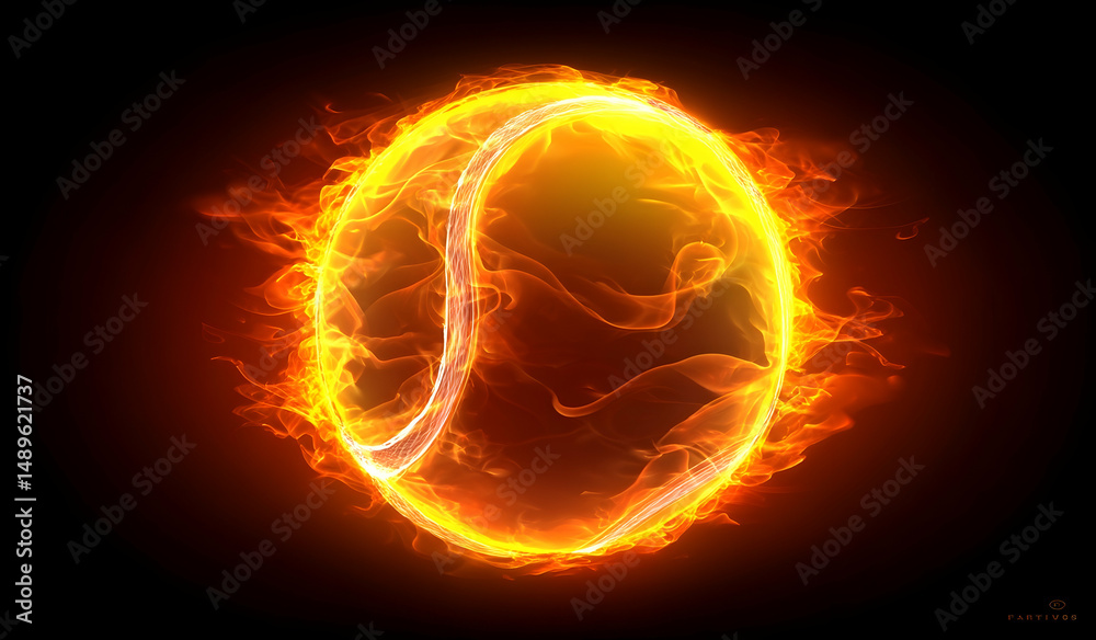 Fototapeta premium Burning Ball in Fiery Flames Hot Object on Black Background