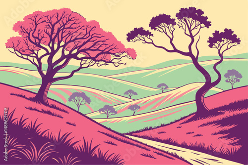 3 abstract landscape, surreal, tropical trees, vibrant orange sky, dramatic lighting, digital art style, photorealistic, highly detailed, epic, cinematic