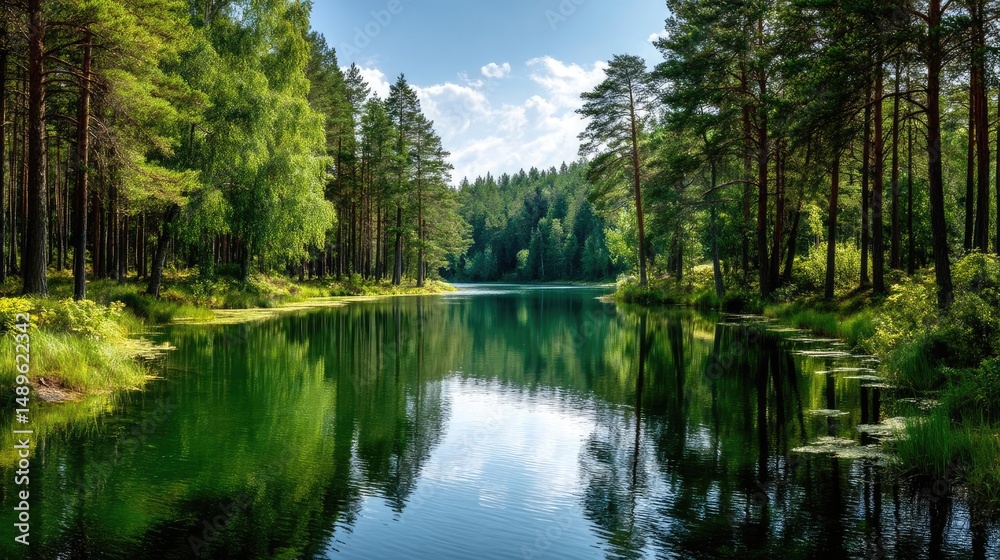 Obraz premium Scenic view of lake in pine forest around beautiful landscape concept. A serene lake surrounded by lush green forest and clear skies.