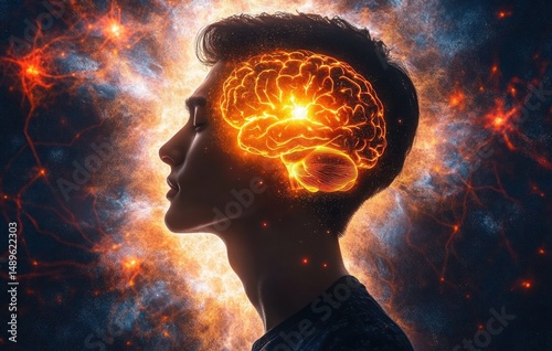 Profile of a person with eyes closed surrounded by glowing neural network patterns and an illuminated brain graphic inside the head representing thinking and consciousness