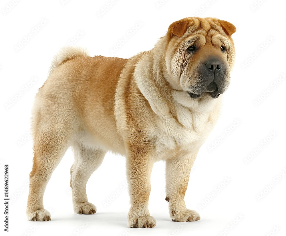 Obraz premium A tan canine is standing on a plain background.