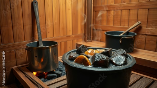 Fototapeta Naklejka Na Ścianę i Meble -  A steaming sauna interior shows a pot of heated stones and citrus fruits adding aromatherapy essence to the relaxing spa experience.
