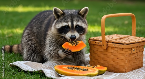 Raccoon Eating Papaya