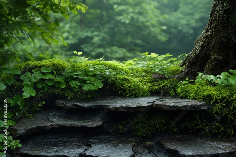 Fototapeta premium Tranquil nature scene with mossy stones and trees forest landscape photography lush green environment close-up view