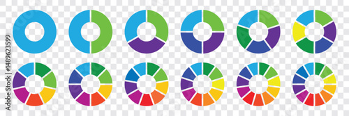 Circle division infographic icon. Pie chart divided six, seven and eight equal parts. 6, 7, 8 sectors icon. Color infographic flower round diagram. Vector illustration isolated on white background. 