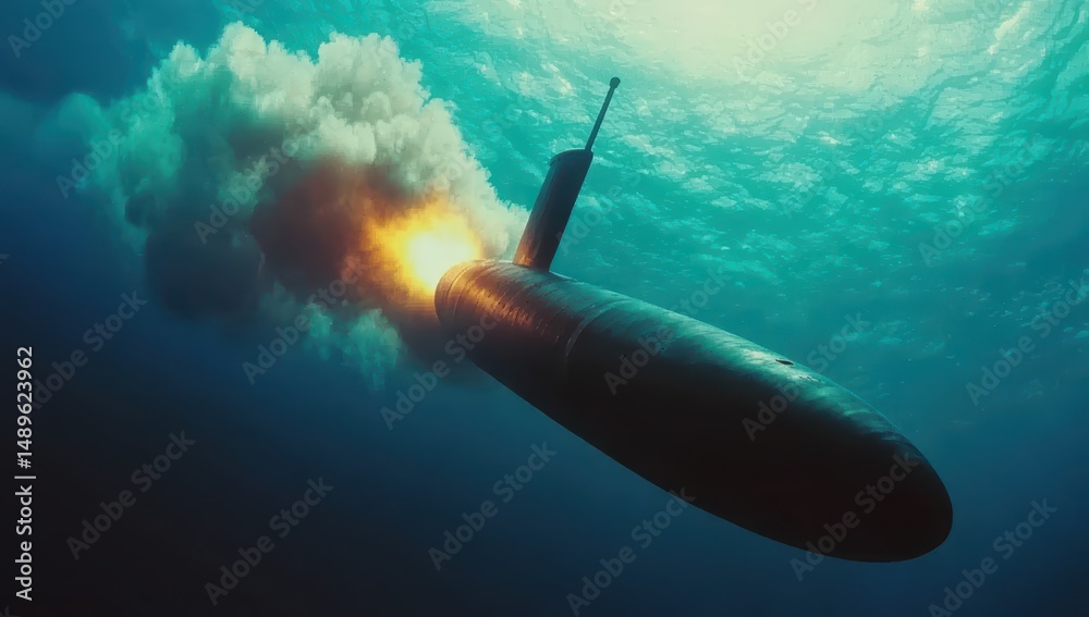 Fototapeta premium Submarine Launching Torpedo Underwater in Deep Ocean Environment