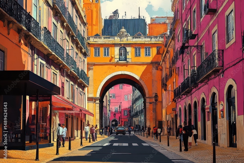 Fototapeta premium Vibrant street scene with colorful historic buildings and an archway passage filled with pedestrians and a car under sunny skies