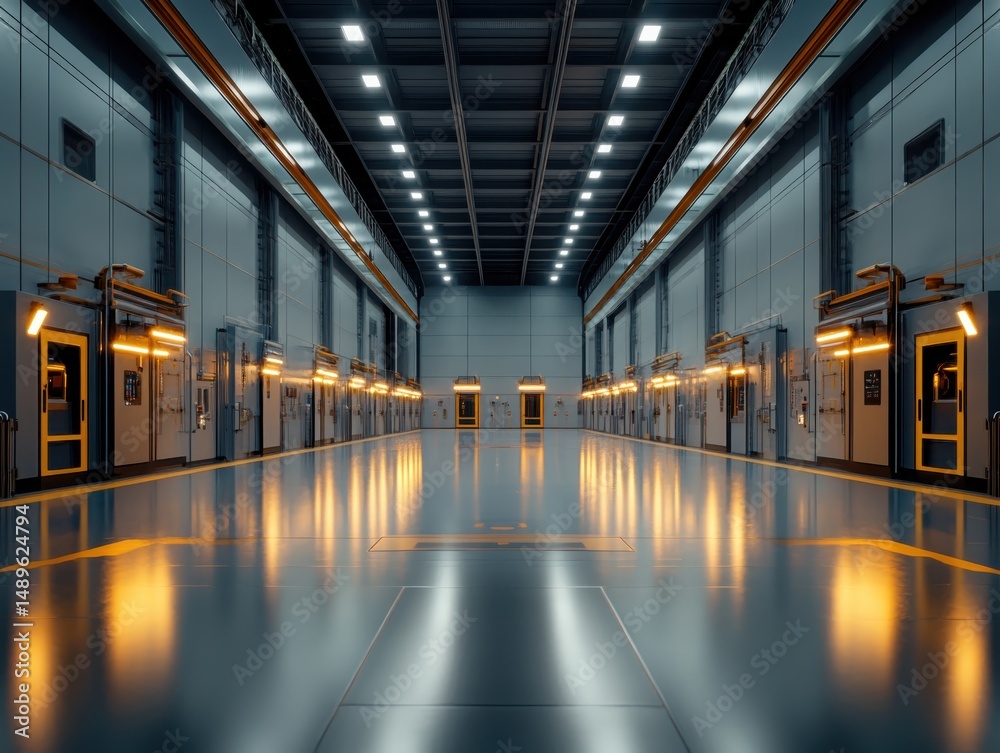 Fototapeta premium Industrial warehouse interior with modern lighting and sleek design high-tech environment wide-angle view