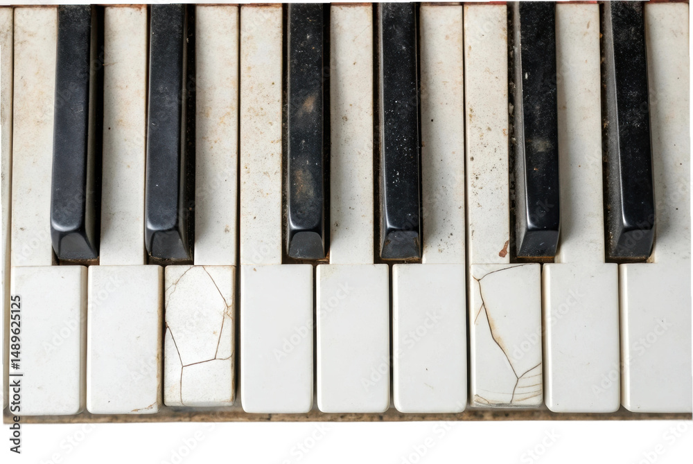 Naklejka premium PNG Close-up of old piano keys with cracks and wear