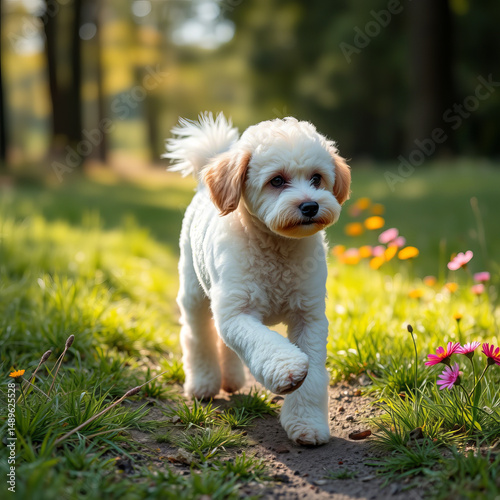 Cute white dog walking indoors during daylight in a bright and cheerful setting