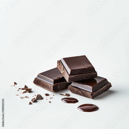 Dark Chocolate Squares on White Background with Melted Chocolate Drops