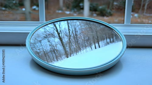 Teal oval mirror reflecting winter landscape