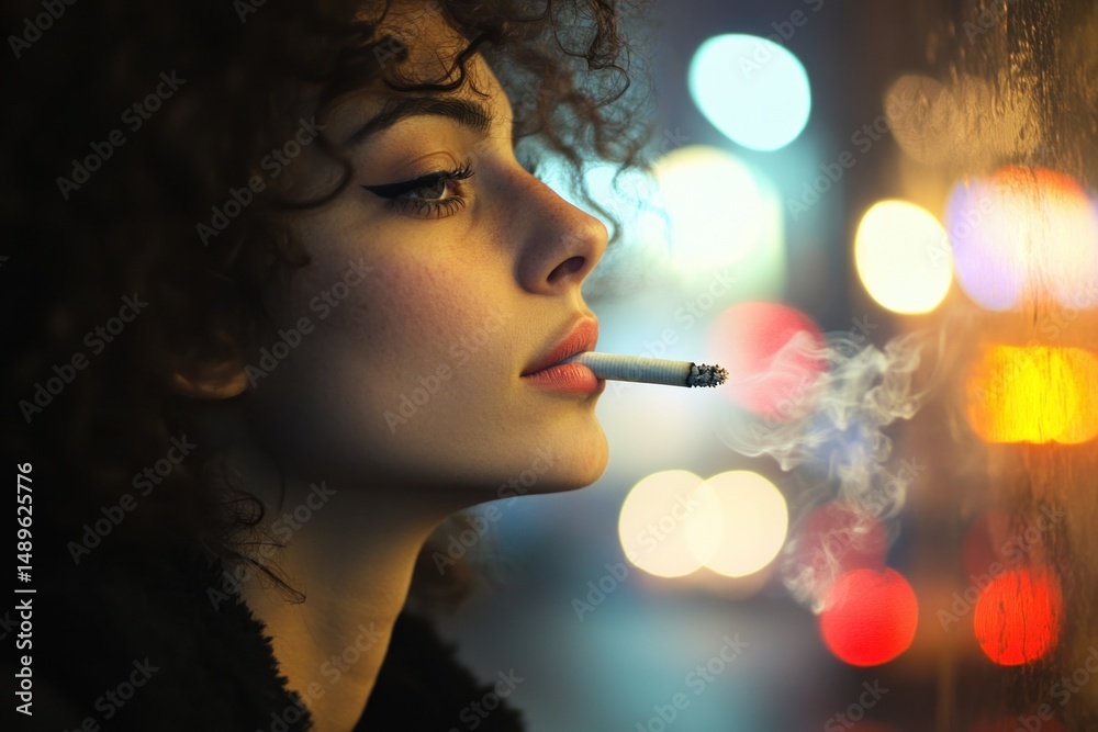 Fototapeta premium Night City Portrait: A Woman Smoking by a Window