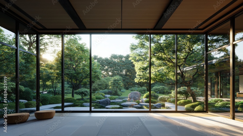 Obraz premium Tranquil garden view serene zen space interior design natural light indoor perspective calm atmosphere