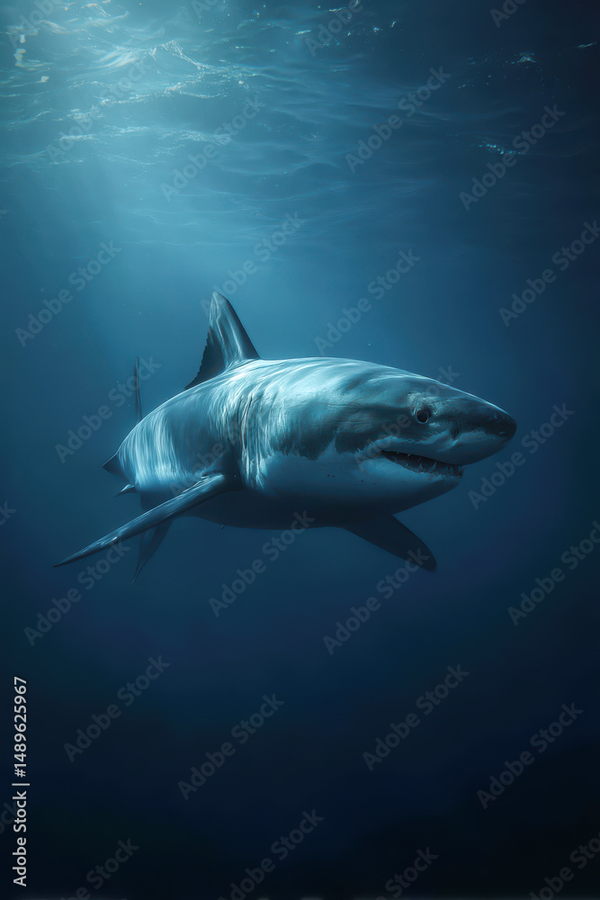 Fototapeta premium Large shark swimming underwater in the deep blue ocean with rays of sunlight filte through the water surface and a calm mysterious marine environment