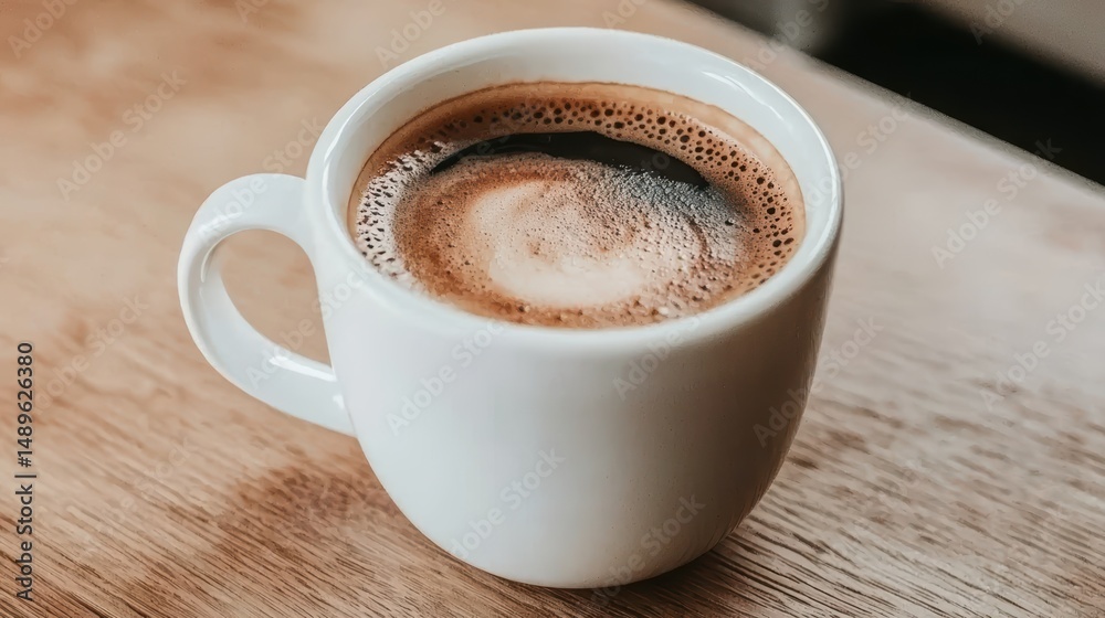 Fototapeta premium Freshly Brewed Coffee in a White Cup on a Wooden Surface