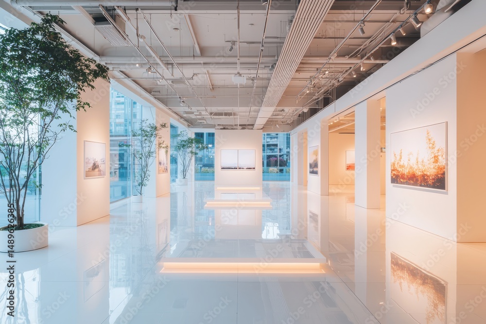 Obraz premium Art exhibition opening modern gallery photography display urban environment wide-angle view creative inspiration