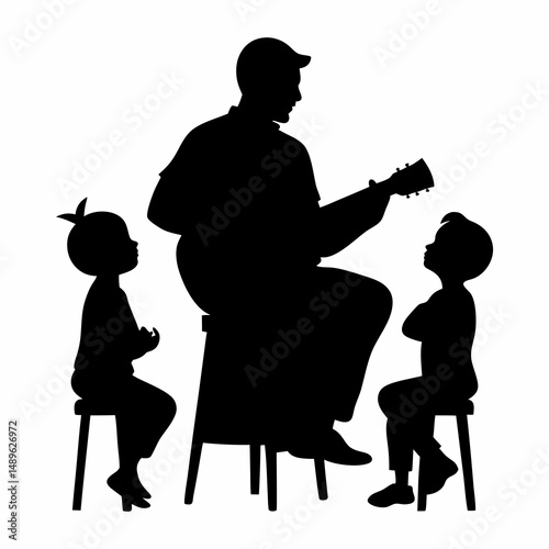 Guitar Player Performing for Children Silhouette