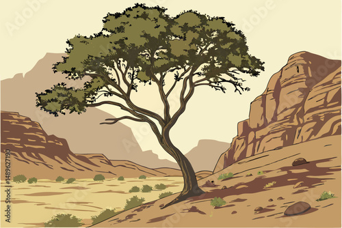 4 a majestic tree in a desert landscape, with rocky cliffs in the background, vibrant green foliage, textured bark, and a sense of solitude and tranquility, digital painting, highly detailed, cinemati